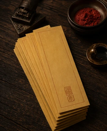 准备好的手工符纸与朱砂材料